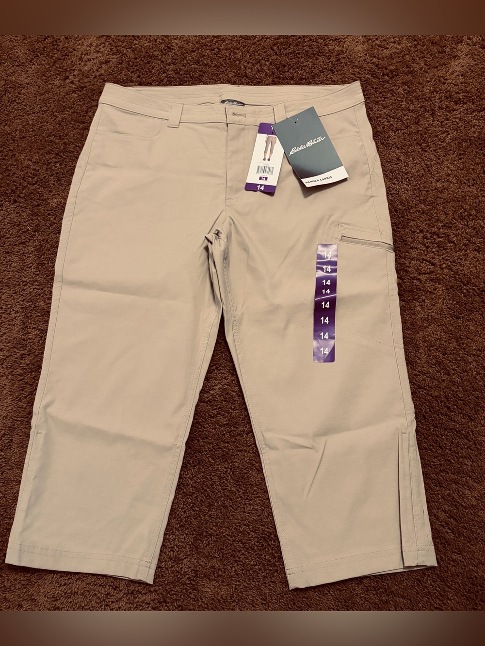 NWT Eddie Bauer Rainier Capris Women’s 14 LT Khaki Hiking Stretch UPF 50+